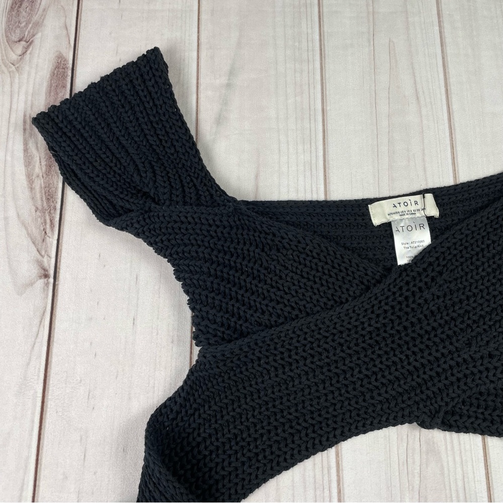 Atoir Tulip Chunky Knit Top Womens 6 Black Cropped Wrap Tie Surplice 100% Cotton - Picture 6 of 14